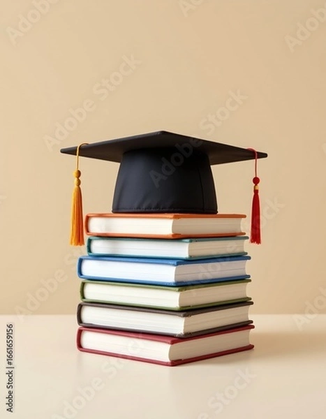 Fototapeta Colorful Book Stack with Graduation Cap Celebration Scene