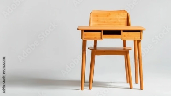 Fototapeta Compact bamboo desk with hidden compartments, paired with a simple chair in a small workspace