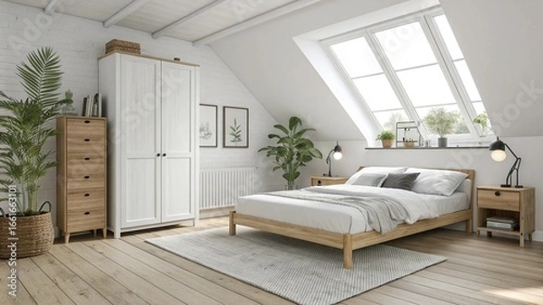 Fototapeta Bright and airy Scandinavian-inspired bedroom. Light wood floors, a simple platform bed with white bedding, and functional yet decorative furniture. The style is defined by minimalism, functionality, 