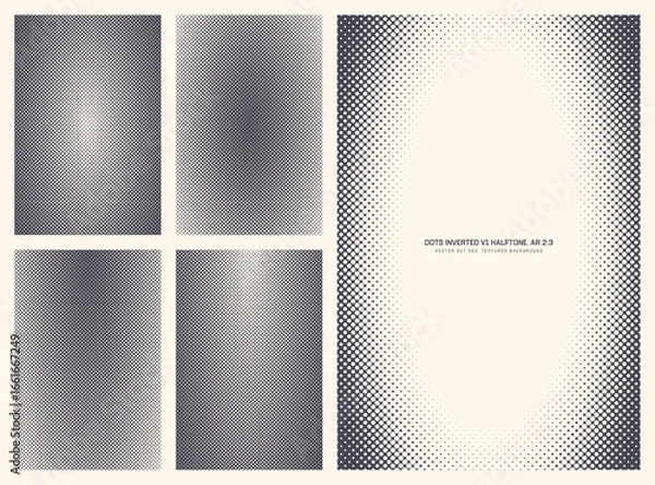 Fototapeta Assorted vector retro styled inverted dots halftone pattern set in vertical 2:3 aspect ratio including oval frame and various smooth textures. Varied offset print half tone design elements bundle