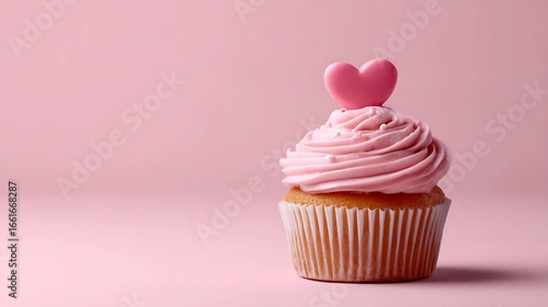 Fototapeta Tiny cupcake with pink frosting and heart decorations on top, simple but sweet and romantic.
