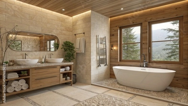 Fototapeta serene, luxurious bathroom that feels like a spa. Features a free-standing bathtub next to a window, a modern vanity with dual sinks, and simple decor. Natural stone tiles, wooden accents, and a neatl