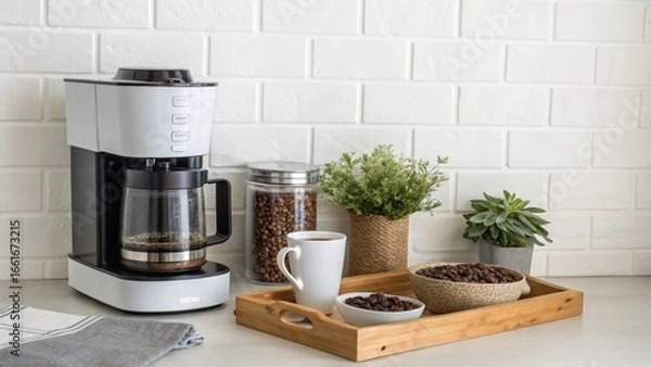 Fototapeta charming and organized coffee station on a kitchen counter. Features a modern coffee maker, a container of coffee beans, a white mug, and a small plant. This "micro" scene is perfect for blogs, websit