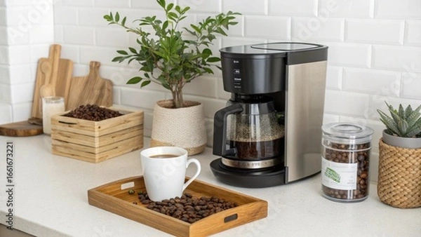Fototapeta charming and organized coffee station on a kitchen counter. Features a modern coffee maker, a container of coffee beans, a white mug, and a small plant. This "micro" scene is perfect for blogs, websit