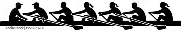 Fototapeta rowing boat on calm lake with rowing crew in action and athletes in motion racing