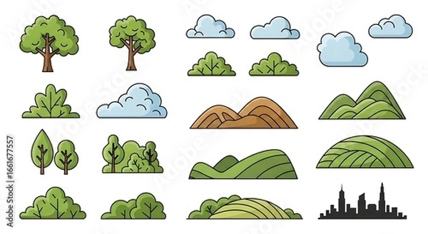 Fototapeta Vector Illustration of Nature Elements, Including Trees, Clouds, Hills, and Cityscape.