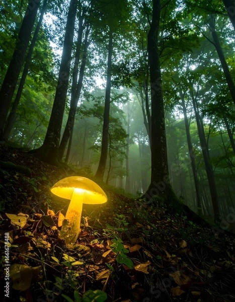 Obraz Illuminated mushroom in a misty forest