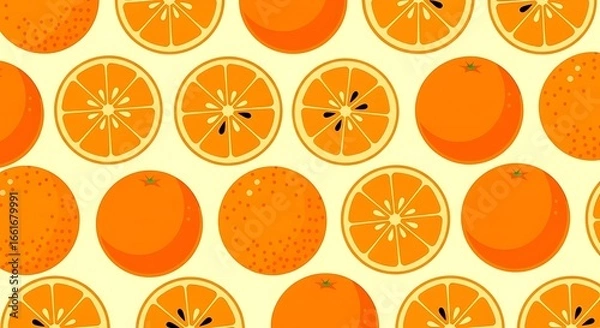 Fototapeta Vibrant Orange Fruit Pattern with Slices and Whole Citrus on Yellow Background