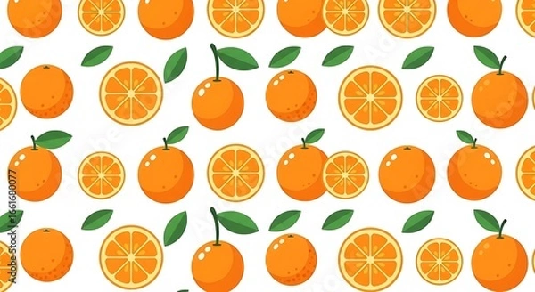 Fototapeta Vibrant Orange Fruit Pattern with Slices, Leaves, and White Background
