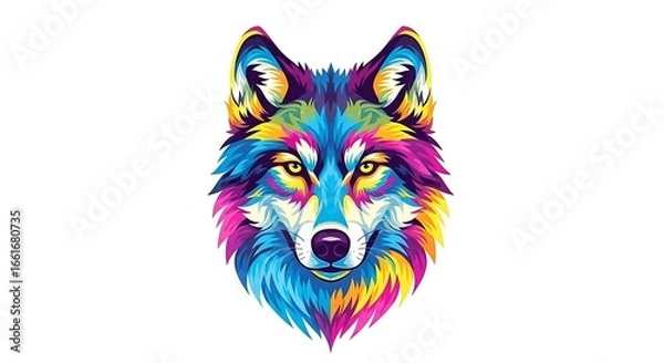 Fototapeta Vibrant Wolf Portrait: A Colorful Display of Wildlife Art on White Background