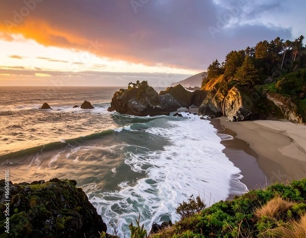Obraz Coastal sunset over a dramatic beach