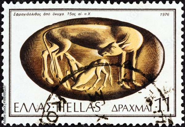 Fototapeta Cow feeding calf, onyx, 15th century BC. Ancient Sealing-stones (Greece 1976)