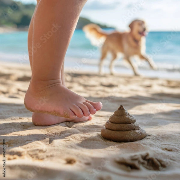 Fototapeta Closeup of a child's foot about to step into a dog poop on the beach. Dog in a background. Generated image