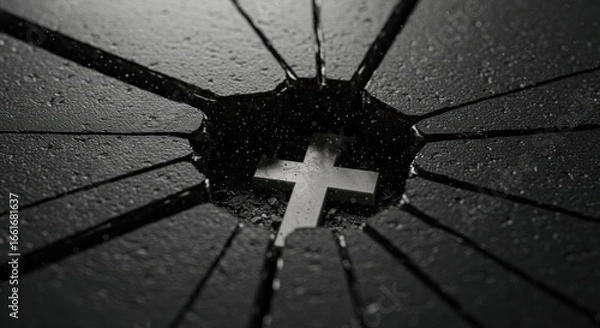 Fototapeta White Christian cross emerging from cracked dark surface, symbolizing faith, resurrection, and spiritual breakthrough for religious concept.