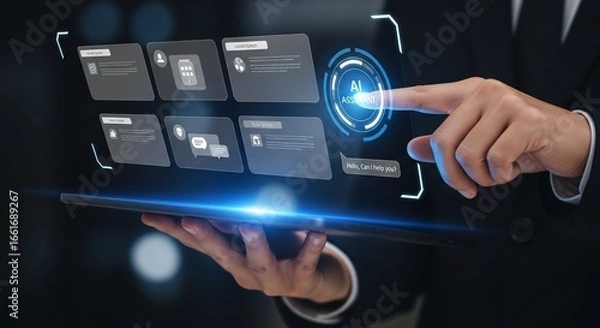 Fototapeta Modern businessman interacting with digital interface on futuristic tablet screen showcasing innovative technology solutions