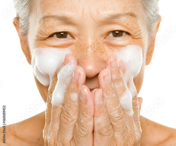 Fototapeta Aging Gracefully: A Close-Up of a Mature Woman Washing Her Face with Gentle Cleansing Foam Against a Dark Background, png, isolated on white background