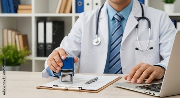Fototapeta Doctor Applying a Stamp on a Medical Document While Working at a Desk
