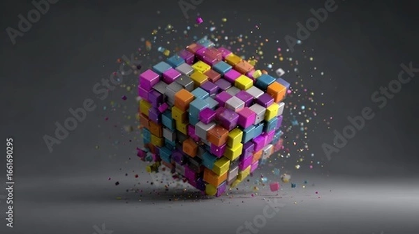 Obraz Colorful cube exploding into smaller cubes on a gray background