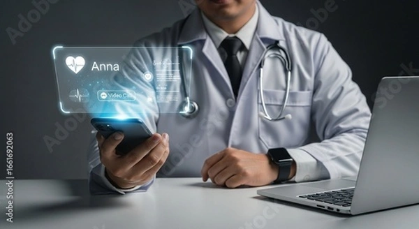 Fototapeta Doctor Utilizing Advanced Healthcare Technology for Patient Data Monitoring and Diagnosis