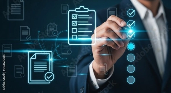 Fototapeta Business professional checking off items on a digital checklist representing quality assurance and compliance tasks