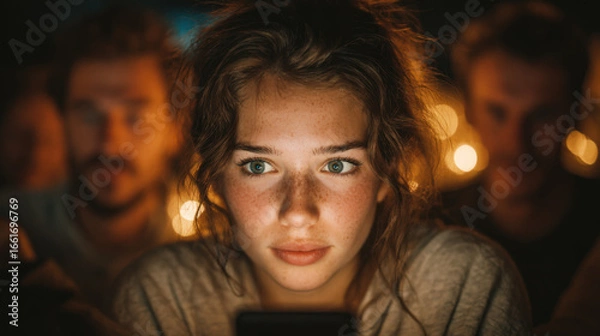 Fototapeta A young woman with curly hair and freckles intently gazes at her smartphone in a dimly lit environment with blurry figures in the background creating a warm atmosphere