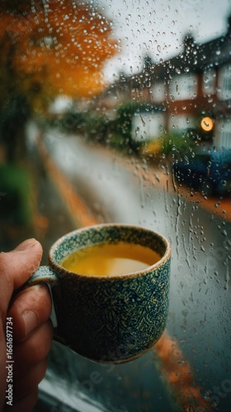 Fototapeta A hand holding a ceramic cup of warm beverage is seen near a rainy window, with blurred autumn leaves and houses in the background creating a cozy atmosphere