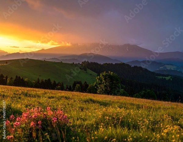 Obraz Mountain meadow at sunset (1)
