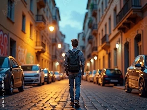 Fototapeta Young man with backpack walking alone down empty city street at dusk surrounded by parked cars and illuminated buildings