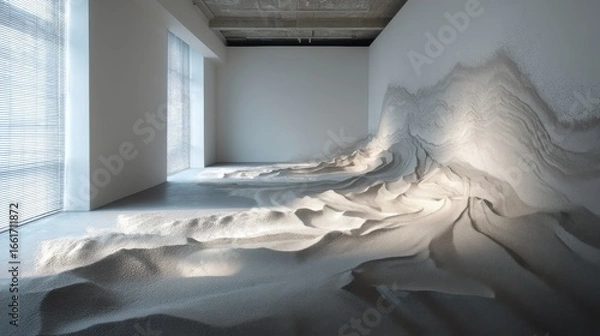 Obraz Abstract installation of countless shining particles forming flowing waves and dunes across a vast minimalist room interior.