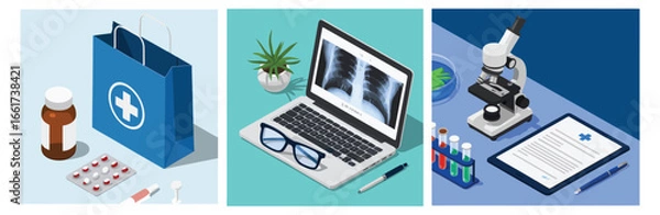 Fototapeta Vector art of isometric illustration of medical supplies, including a bag, medicine, tablets, syringe, laptop with xray, microscope, test tubes, and a report