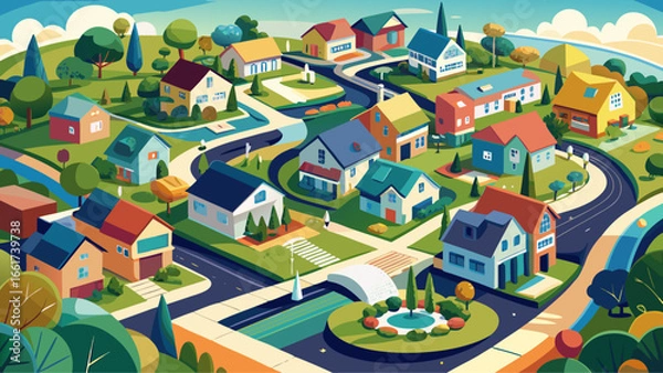 Fototapeta The neighborhood development displays balanced geometry, winding paths, clustered homes, peaceful blocks, sunlight reflections, patterned gardens, colorful roofs, welcoming atmosphere, serene living, 
