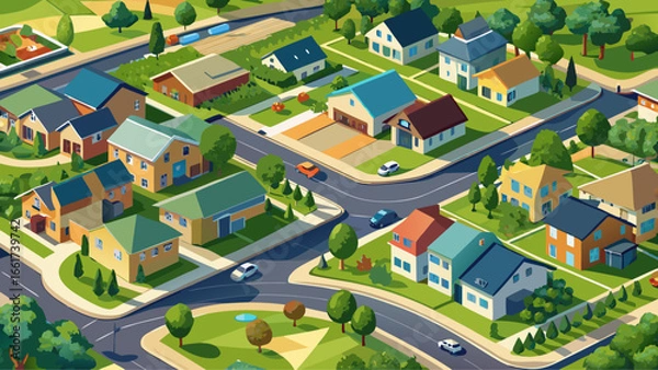 Fototapeta The neighborhood development displays balanced geometry, winding paths, clustered homes, peaceful blocks, sunlight reflections, patterned gardens, colorful roofs, welcoming atmosphere, serene living, 