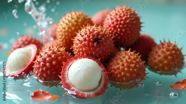 Obraz Refreshing lychees splash fresh water macro close-up healthy exotic fruit photography