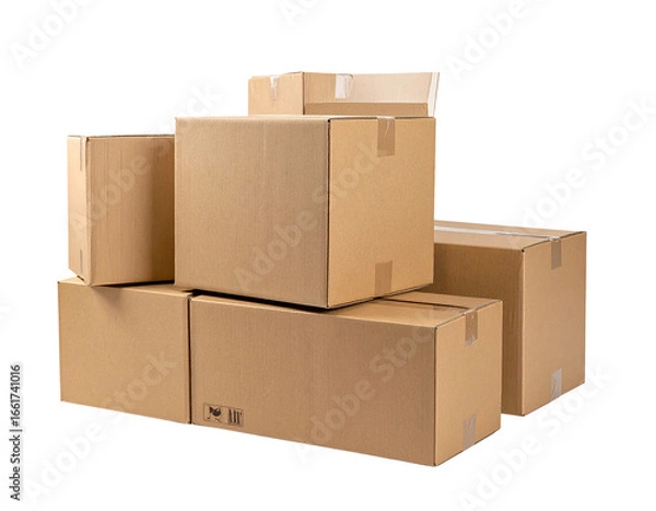 Fototapeta Pile of Brown Cardboard Shipping Boxes Isolated on Transparent Background