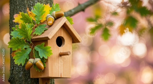 Fototapeta A wooden birdhouse decorated with an oak branch with ripe acorns. Care and preparation of a home for birds in the autumn period