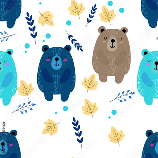 Fototapeta Seamless vector pattern with stylized bears and leaf elements for creative design projects and commercial use