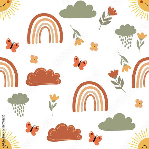 Fototapeta Seamless pattern of whimsical rainbows clouds butterflies and smiling suns on white background perfect for childrens designs