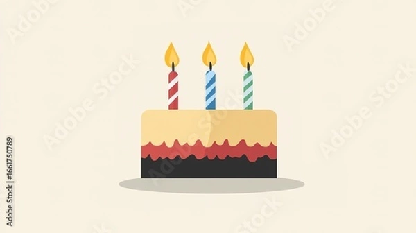 Fototapeta A colorful birthday cake featuring three lit candles in vibrant colors, set against a soft, neutral background.