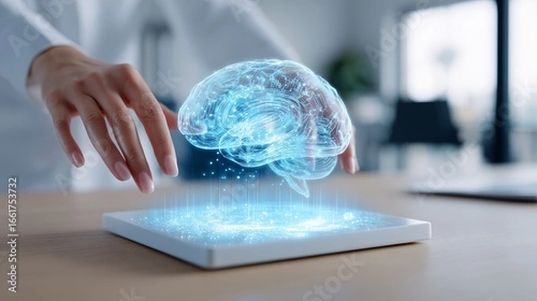 Obraz Woman Touching Holographic Brain Above Digital Tablet