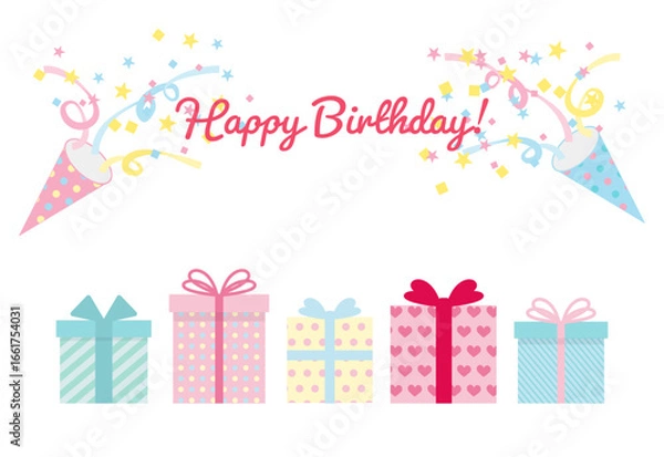 Obraz 誕生日プレゼントの並んだカラフルで可愛い誕生日カードのイラスト
