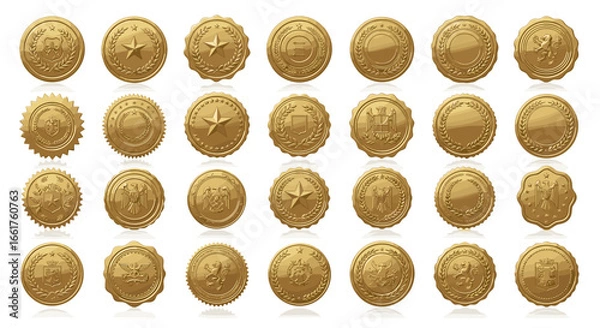 Fototapeta Display of various golden oval badges with different designs and shapes