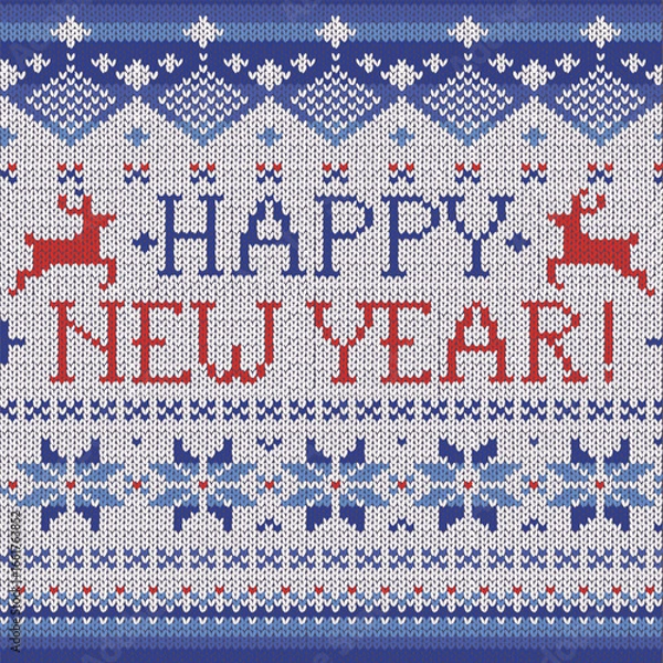 Fototapeta Ugly Sweater style seamless pattern with text. Merry Christmas party outfit. Vector illustration Handmade knitted background with christmas tree, snowflake, scandinavian decor. White, red colored