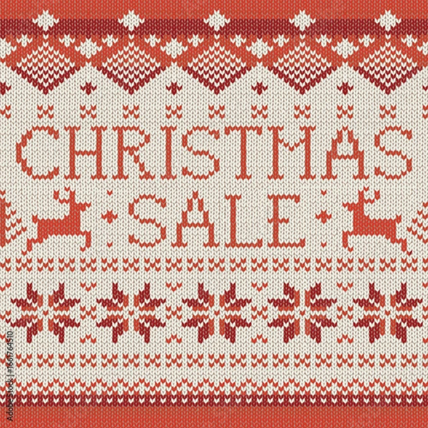 Fototapeta Ugly Sweater style seamless pattern with text. Merry Christmas party outfit. Vector illustration Handmade knitted background with christmas tree, snowflake, scandinavian decor. White, red colored