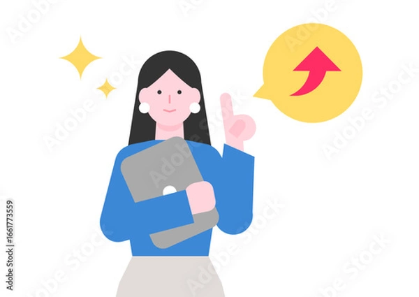 Obraz ノートパソコンを使うビジネスウーマンと成長の矢印のイラスト