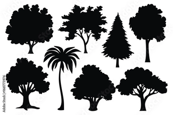 Fototapeta Various Trees silhouettes set isolated flat vector illustration on white background.