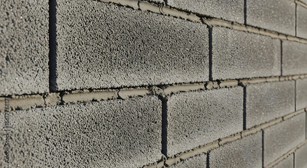 Fototapeta Close-up captures the textured surface of a gray cinder block wall, showcasing the rough, porous material and the linear pattern of the blocks and mortar in strong directional sunlight.