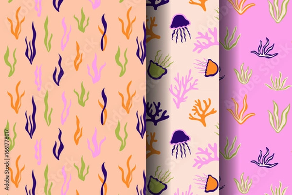Fototapeta Set of patterns with seaweed and jellyfish. Set of seamless designs for textiles, paper, packaging. Vector summer illustration.