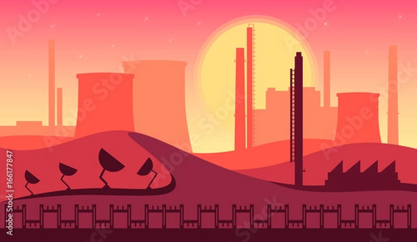 Obraz Industrial landscape. A factory in the desert and the sunset. Vector illustration.