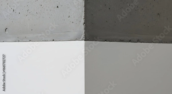 Fototapeta Close-up showcases the intersection of rough, textured concrete and smooth, painted white surfaces, creating a stark contrast in materials, colors, and textures that captures minimalist abstraction.