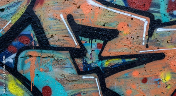Fototapeta Abstract graffiti art on a textured wall featuring bold black outlines, vibrant splashes of turquoise and orange, and drips conveying spontaneity and raw creativity in an urban setting.